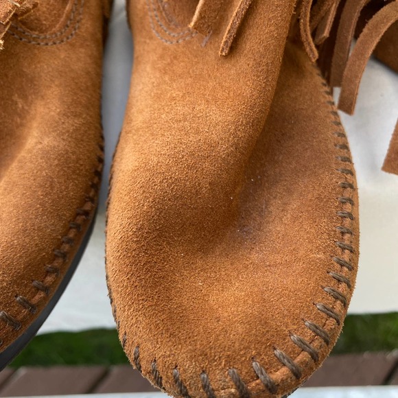 Minnetonka 3 layer fringe Suede Brown Pull On Boots Women's Size 7 1632 - Picture 5 of 15